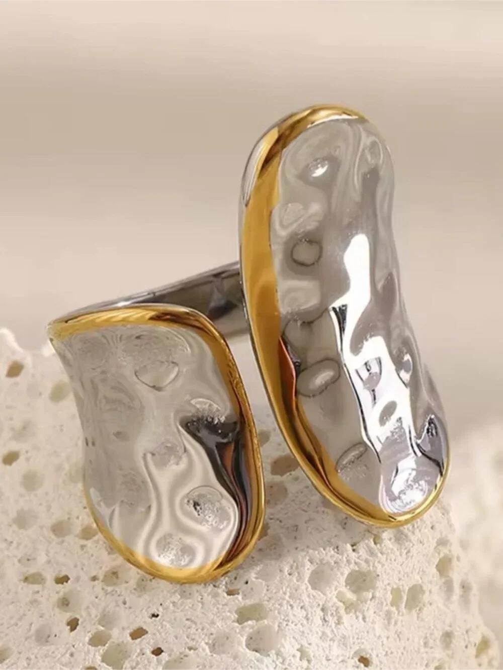 Two-Tone Sculpted Statement Ring — Silver & Gold tones